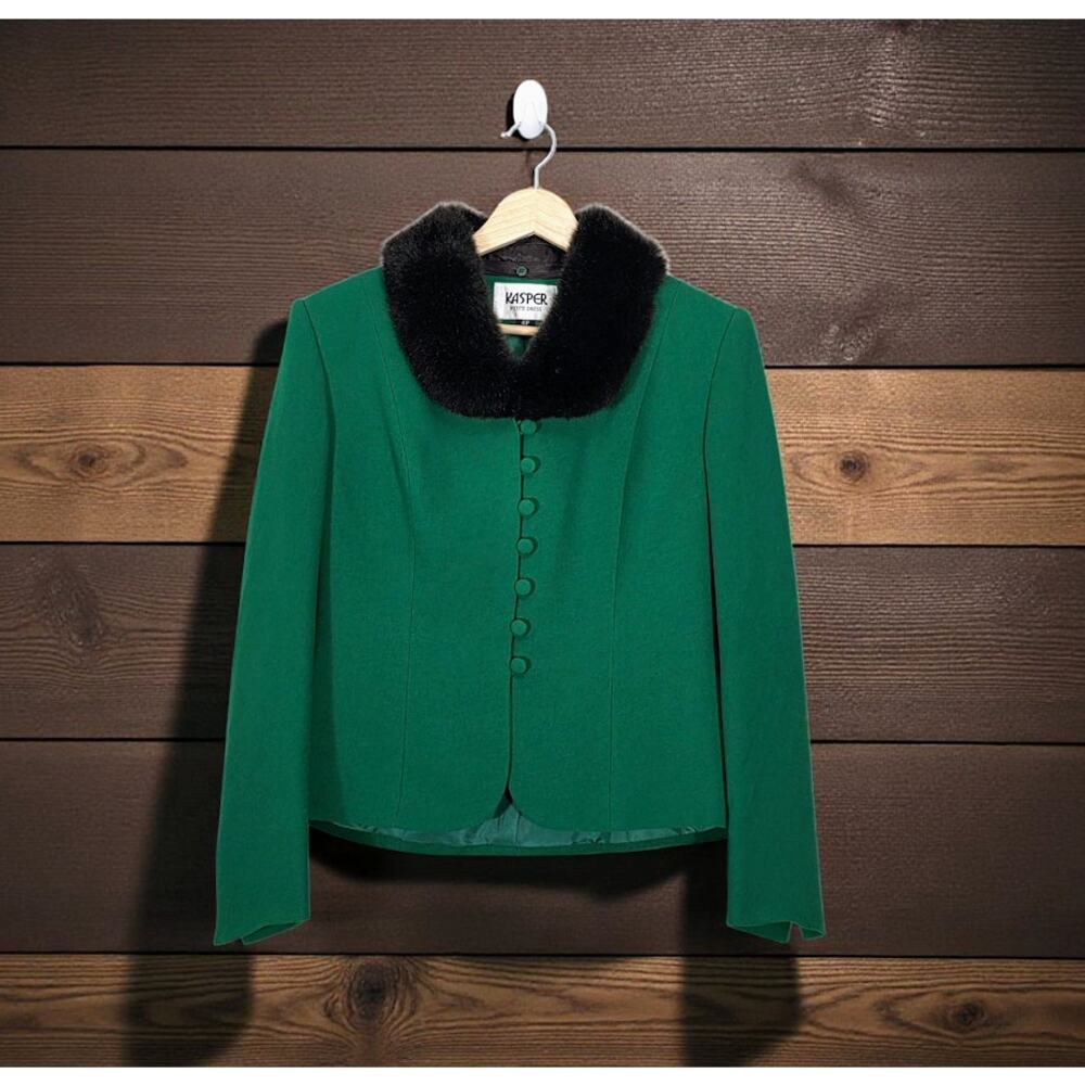 Vintage Kasper Green Blazer with Faux Fur Collar 4 Petite